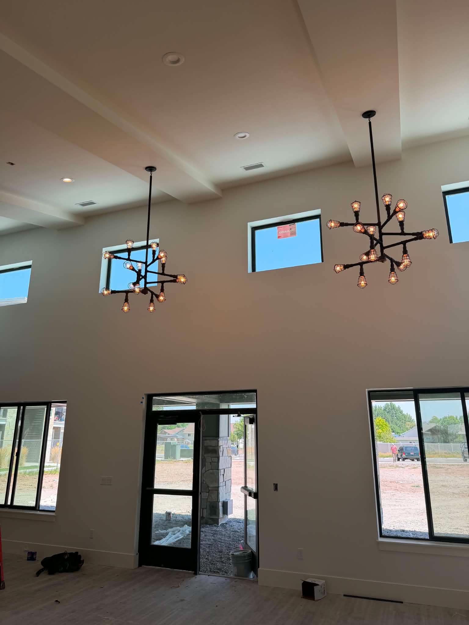 Industrial chandeliers, 20 foot ceilings